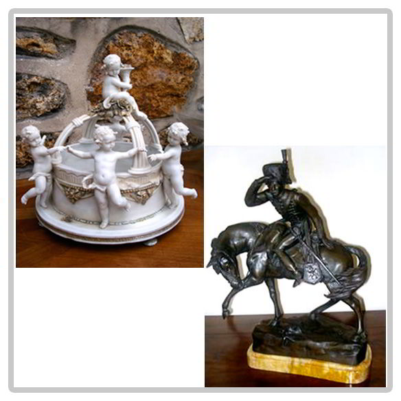 Sculpture, chérubins en Biscuit et hussard en bronze